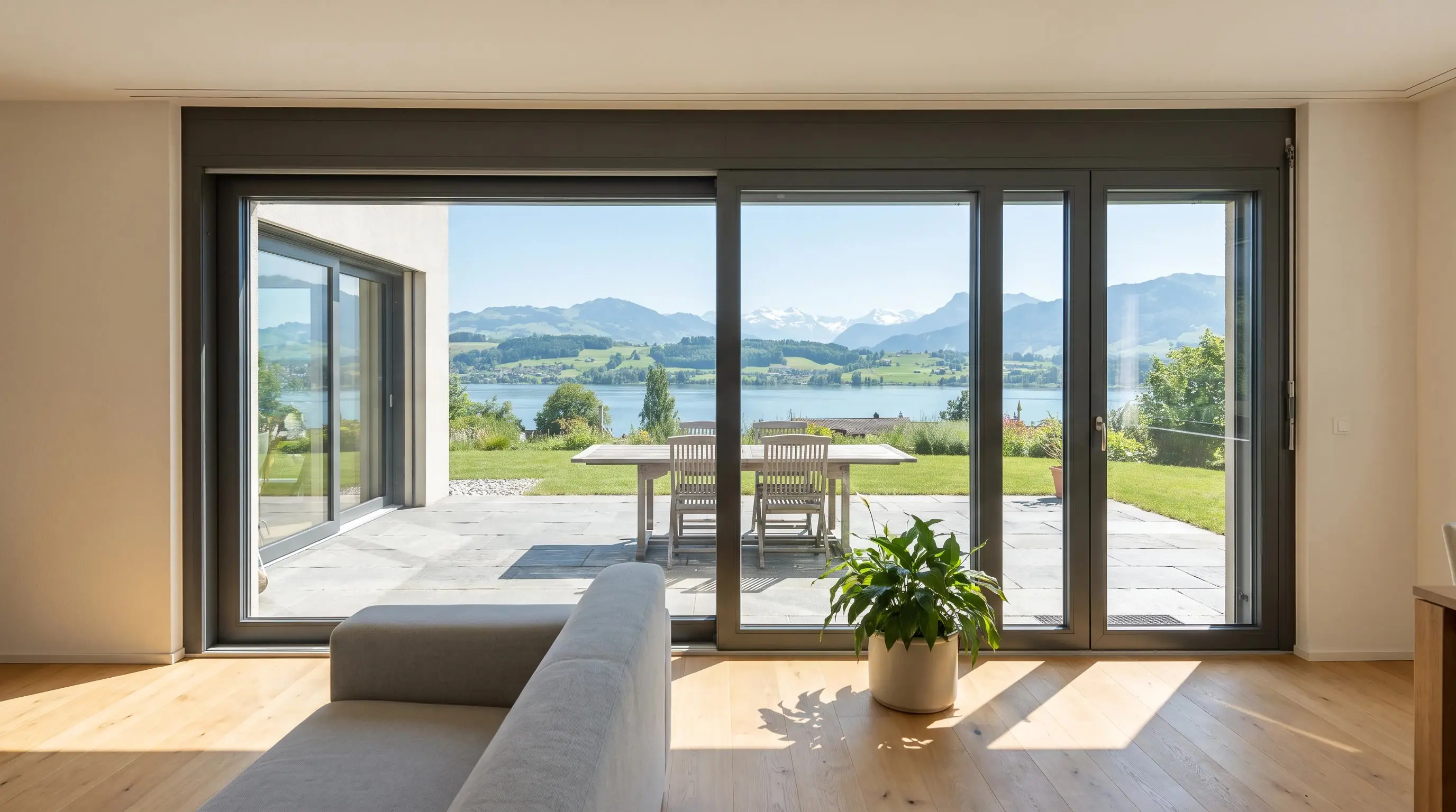 Dasselbe Wohnzimmer mit hochgezogenen Storen: Blick über die Terrasse mit Holztisch auf den See und die Berge, Sonne auf dem Parkett