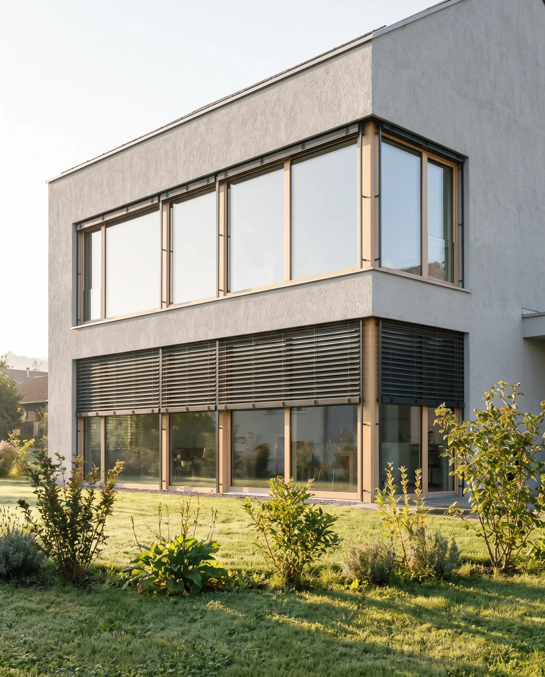 Modernes Haus mit grauem Verputz, im Erdgeschoss sind die Lamellenstoren vor den Fenstern heruntergelassen