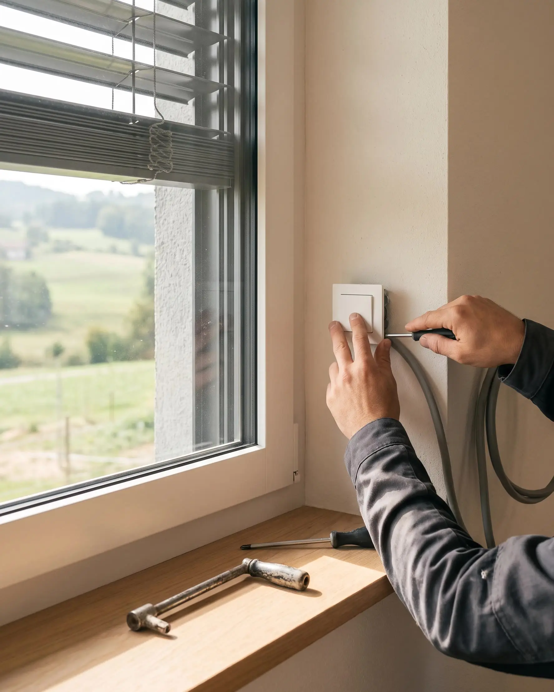 Hände eines Monteurs schrauben neben dem Fenster einen weissen Storenschalter an, auf dem Fenstersims liegt Werkzeug